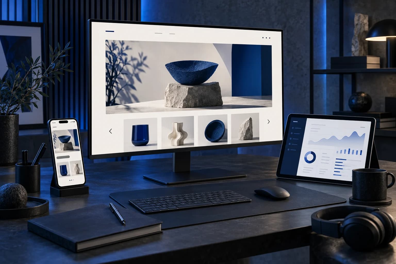 Interface de site sur ordinateur et téléphone